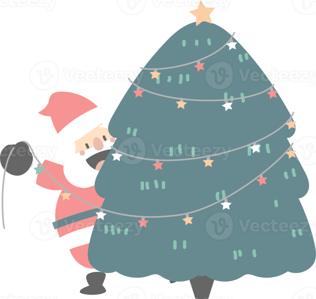 merry christmas and happy new year with cute santa claus, pine tree and christmas light, flat png transparent element cartoon character design