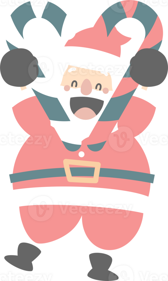 merry christmas and happy new year with cute santa claus and candy cane, flat png transparent element cartoon character design