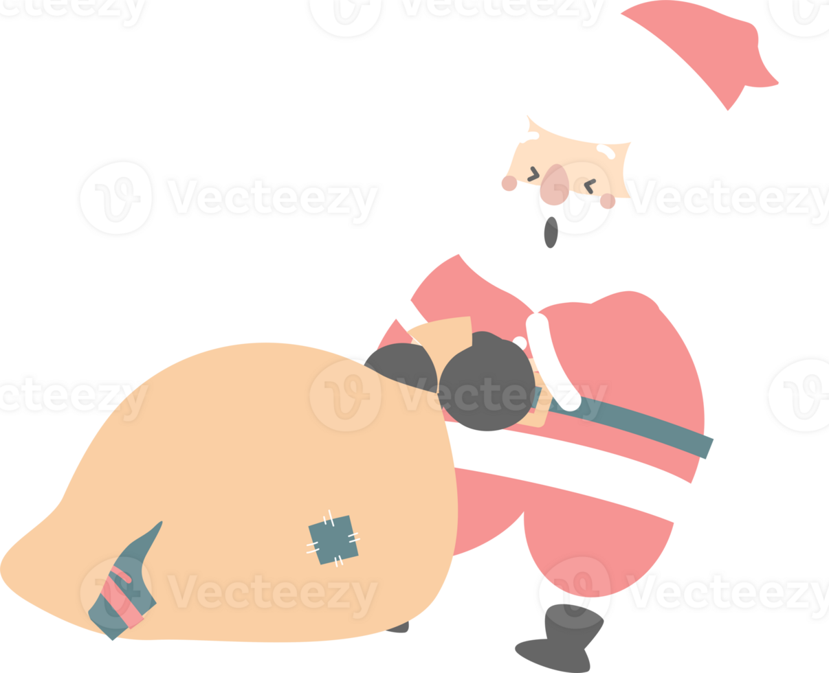 merry christmas and happy new year with cute santa claus and Christmas gift bag, flat png transparent element cartoon character design