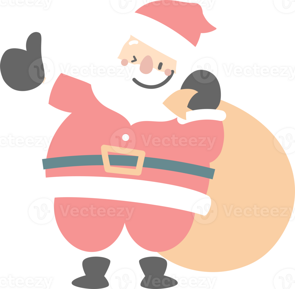 merry christmas and happy new year with cute santa claus holding christmas gift bag, flat png transparent element cartoon character design