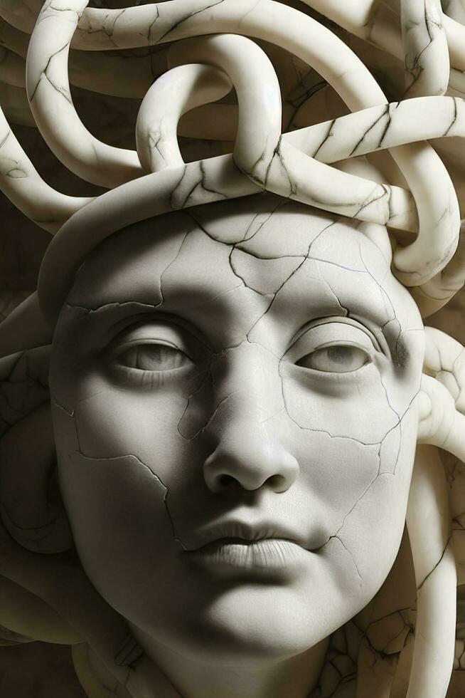 ai generado retrato de cyborg medusa cerca arriba tallado en mármol. ai generado foto