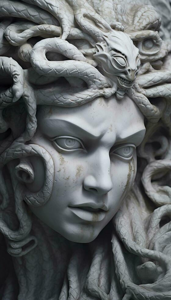 AI generated Portrait of cyborg medusa close up carved in marble. AI Generated photo