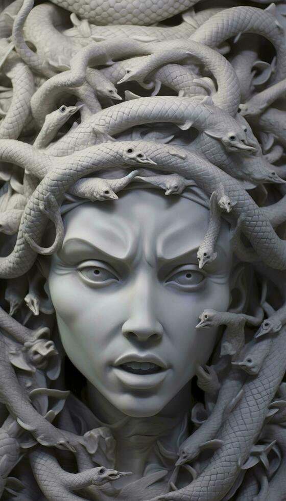 AI generated Portrait of cyborg medusa close up carved in marble. AI Generated photo