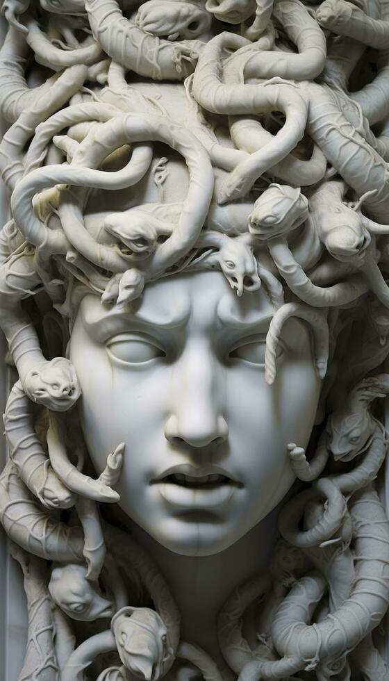 AI generated Portrait of cyborg medusa close up carved in marble. AI Generated photo