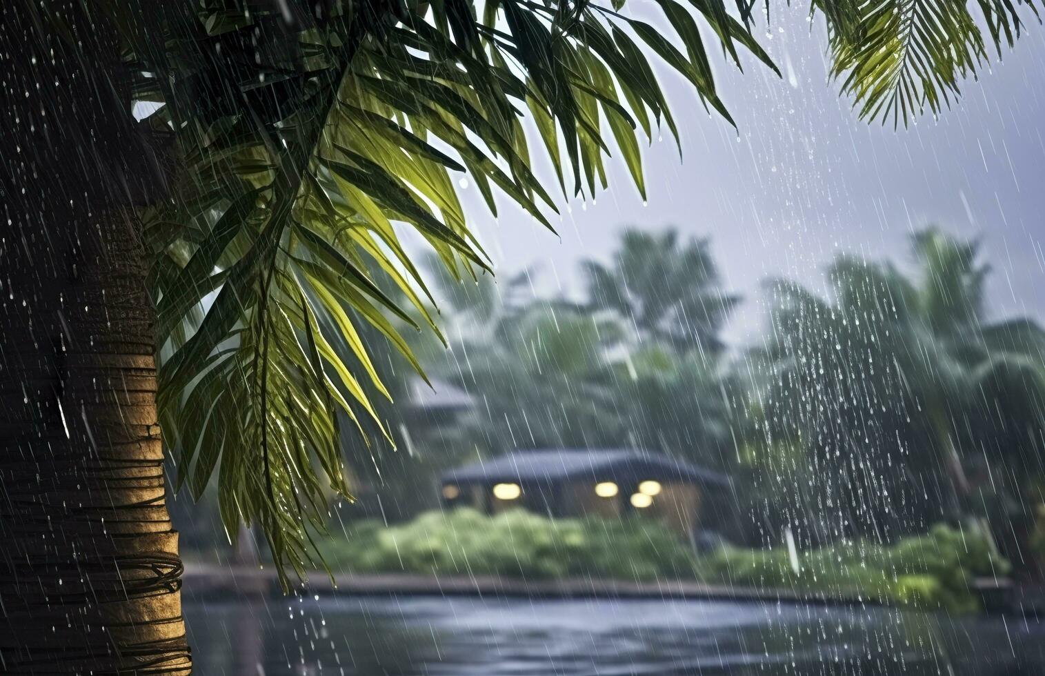 AI generated Rain in the tropics during the low season or monsoon season. Raindrops in a garden. Generative AI photo