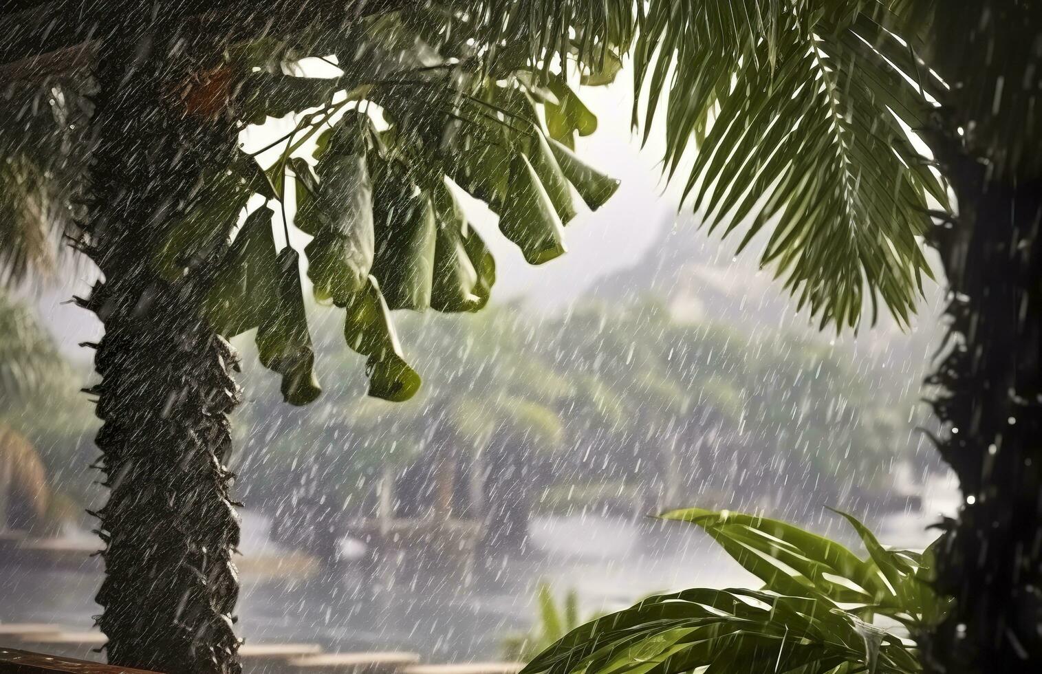 AI generated Rain in the tropics during the low season or monsoon season. Raindrops in a garden. Generative AI photo