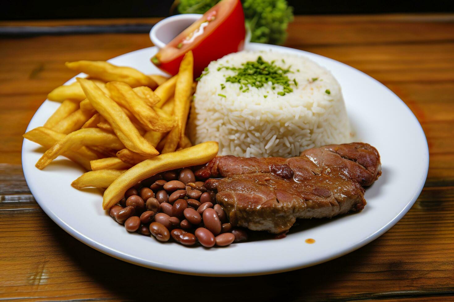 ai generado arroz, frijoles, francés papas fritas, y carne. generativo ai foto