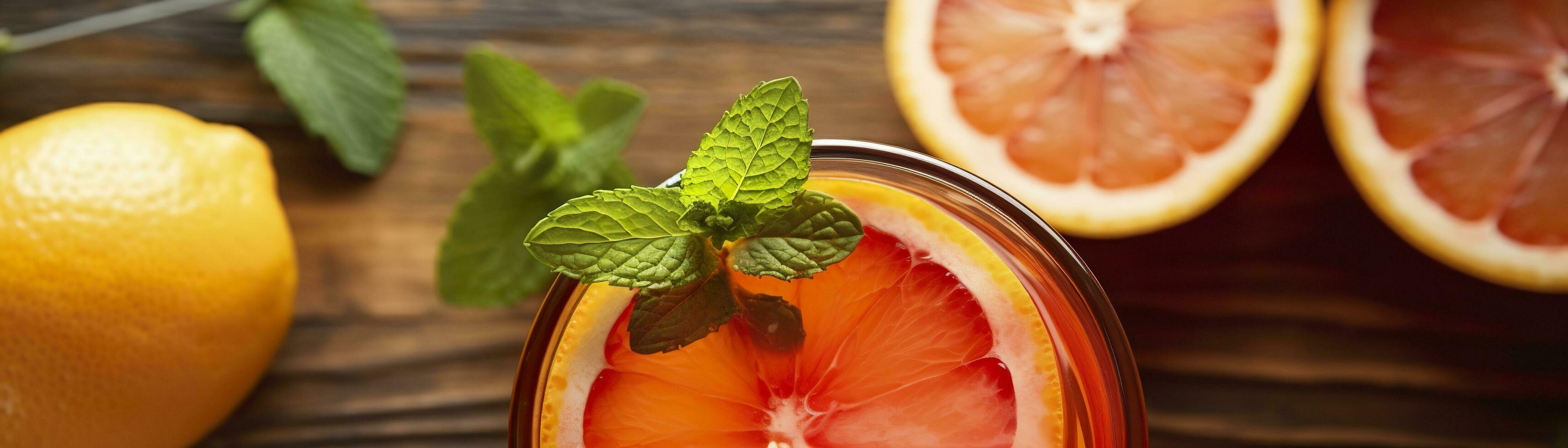 AI generated Red orange punch with green mint home made cocktail closeup on wood background. Generative AI photo