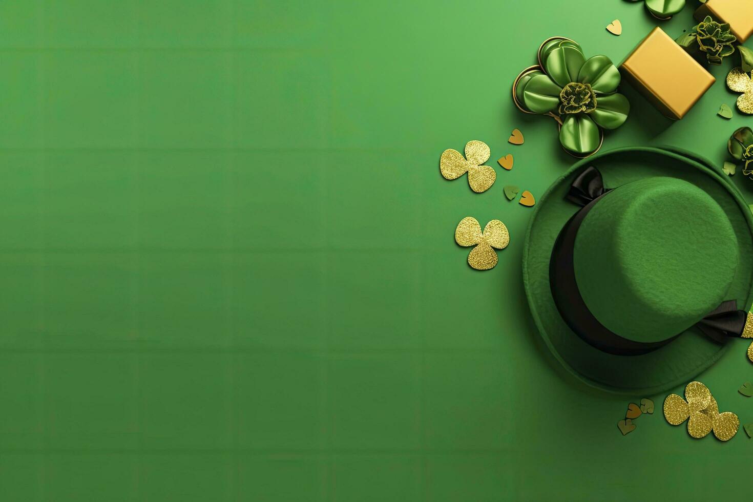 AI generated St Patrick's Day concept. leprechaun headwear gift boxes pot with gold coins. AI Generated photo