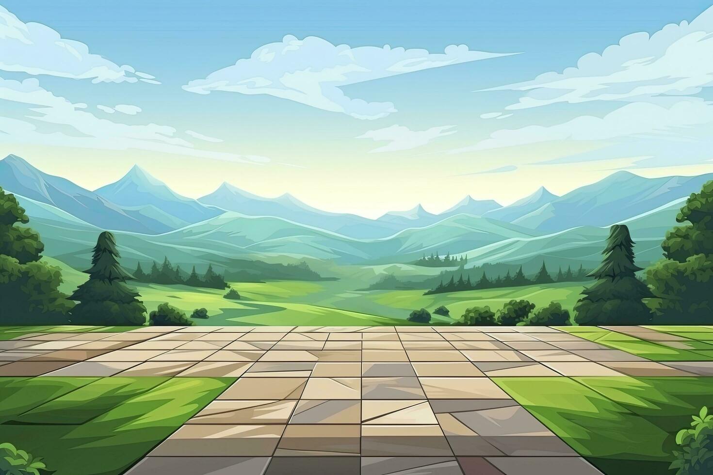 AI generated Square floor and green mountain nature landscape. AI Generated. photo