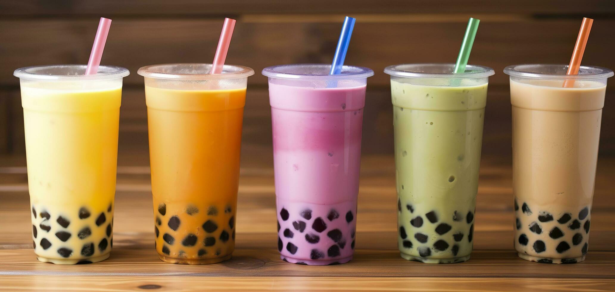 AI generated Plastic cups of different tasty bubble tea on wooden background. Generative AI photo