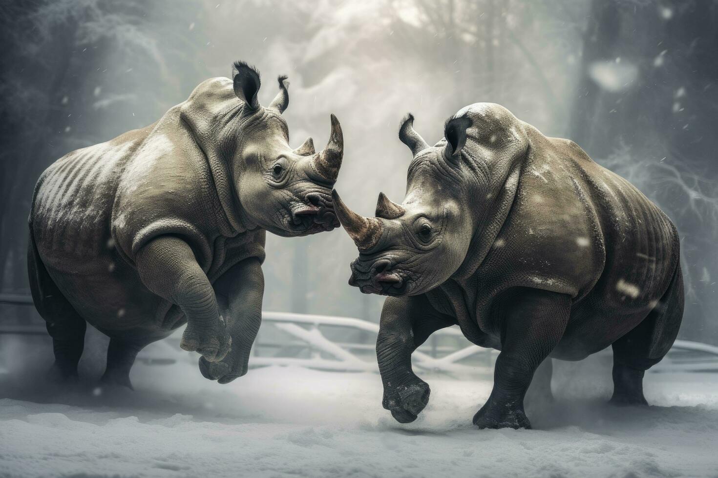 AI generated Two Rhinoceros getting ready for fight on Ice. AI Generated photo