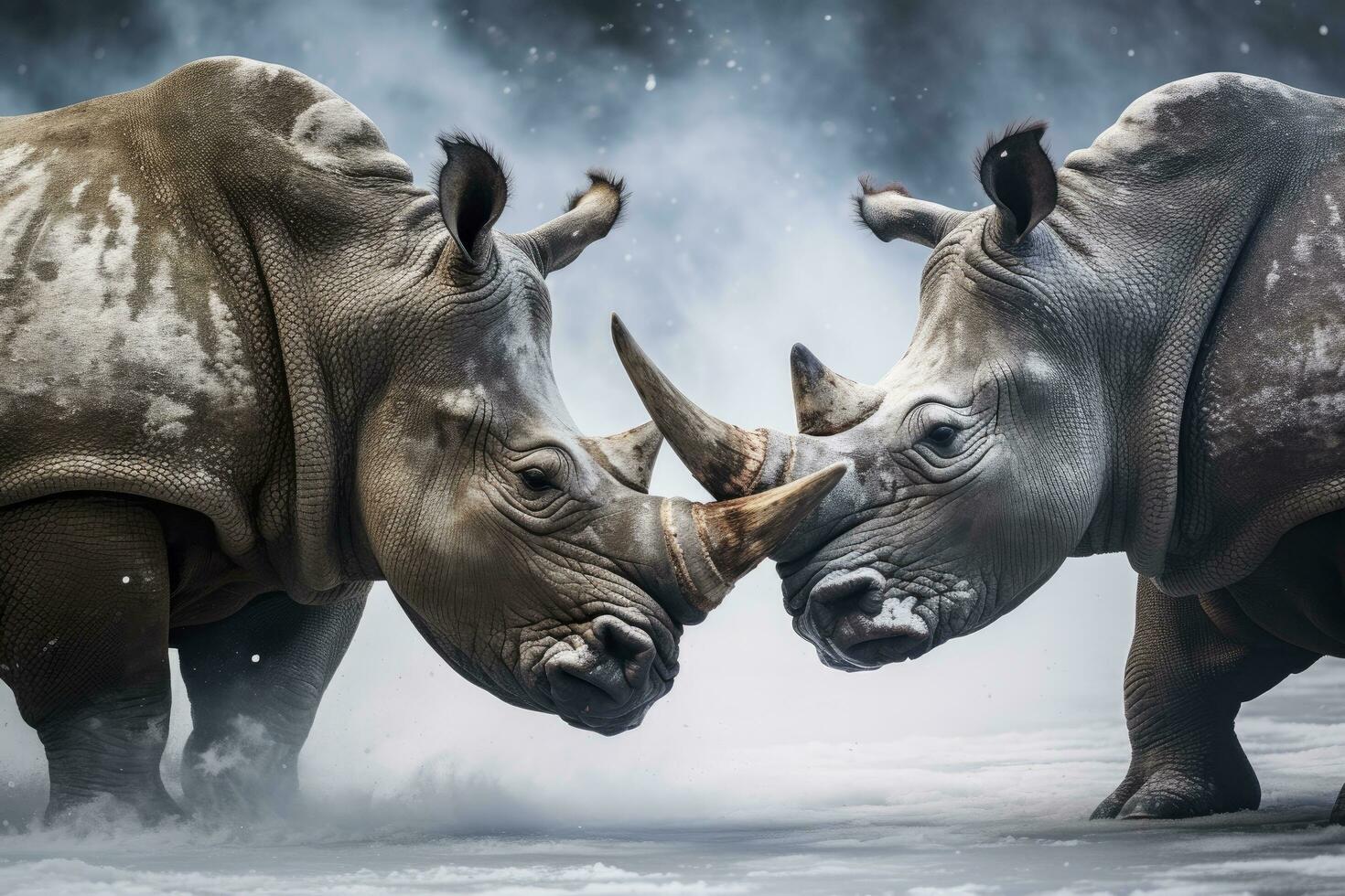 AI generated Two Rhinoceros getting ready for fight on Ice. AI Generated photo