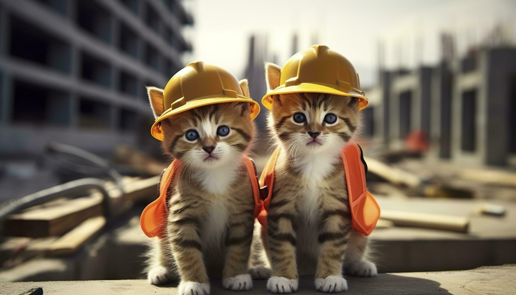 ai generado dos gatitos vistiendo difícil sombreros en un construcción sitio. generativo ai foto