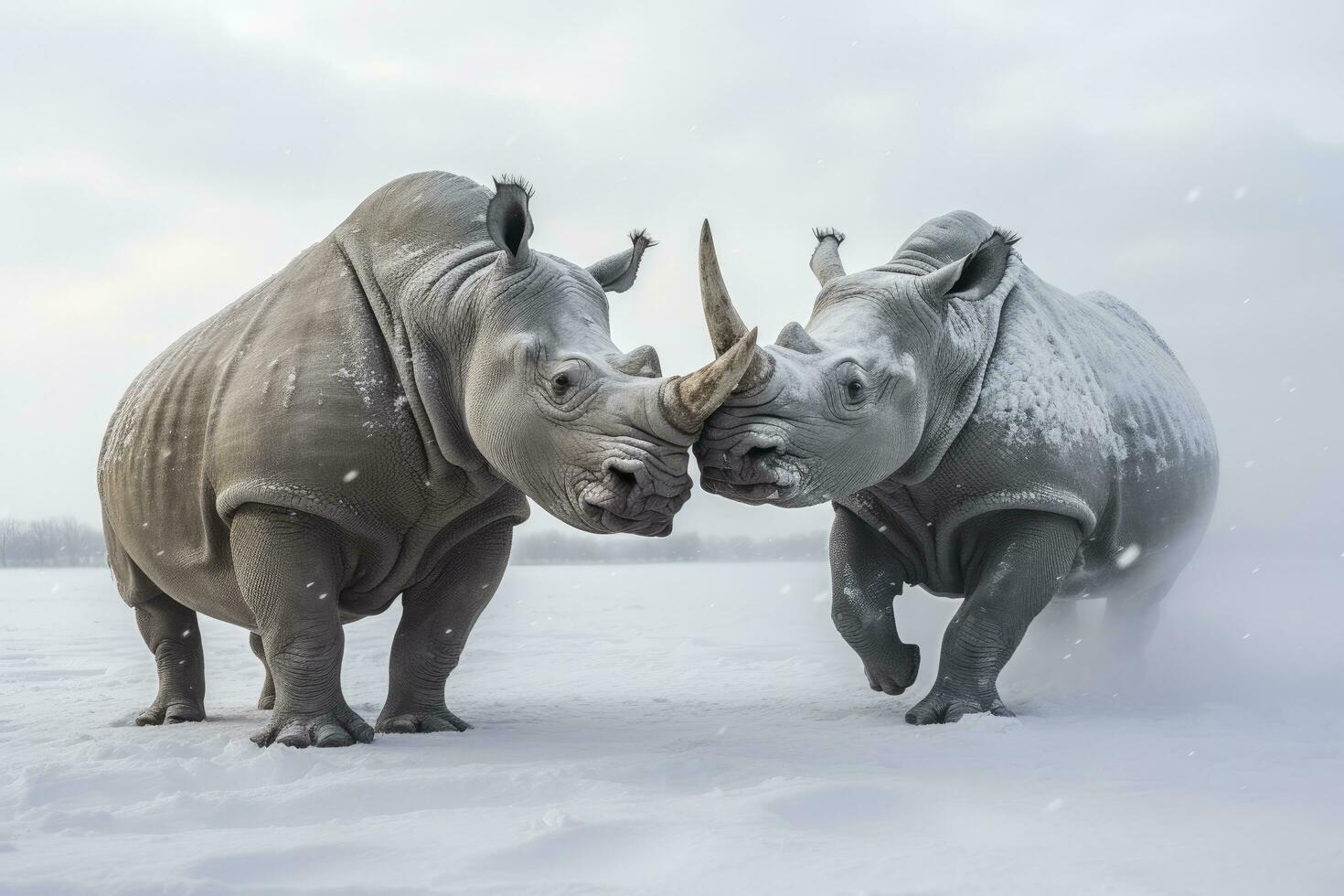 AI generated Two Rhinoceros getting ready for fight on Ice. AI Generated photo