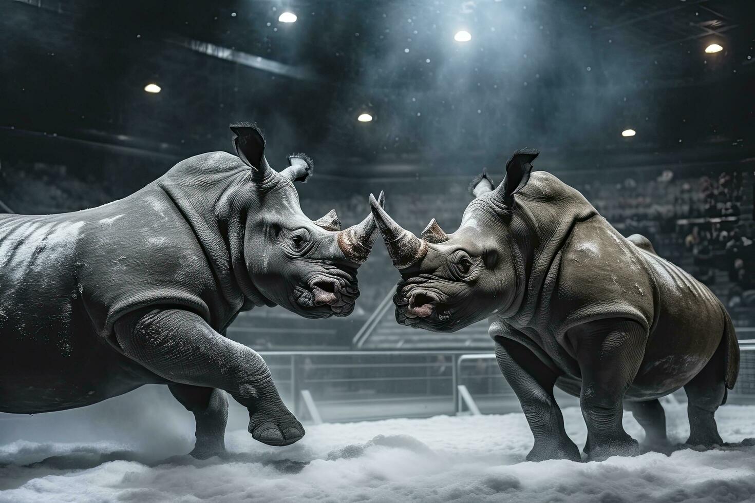 AI generated Two Rhinoceros getting ready for fight on Ice. AI Generated photo