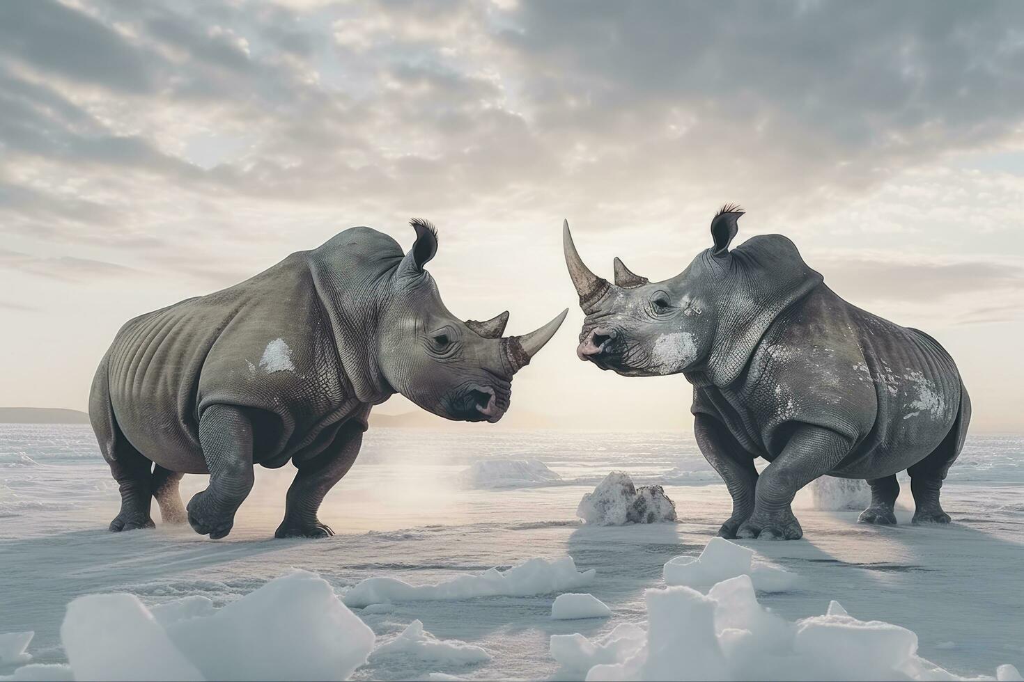 AI generated Two Rhinoceros getting ready for fight on Ice. AI Generated photo