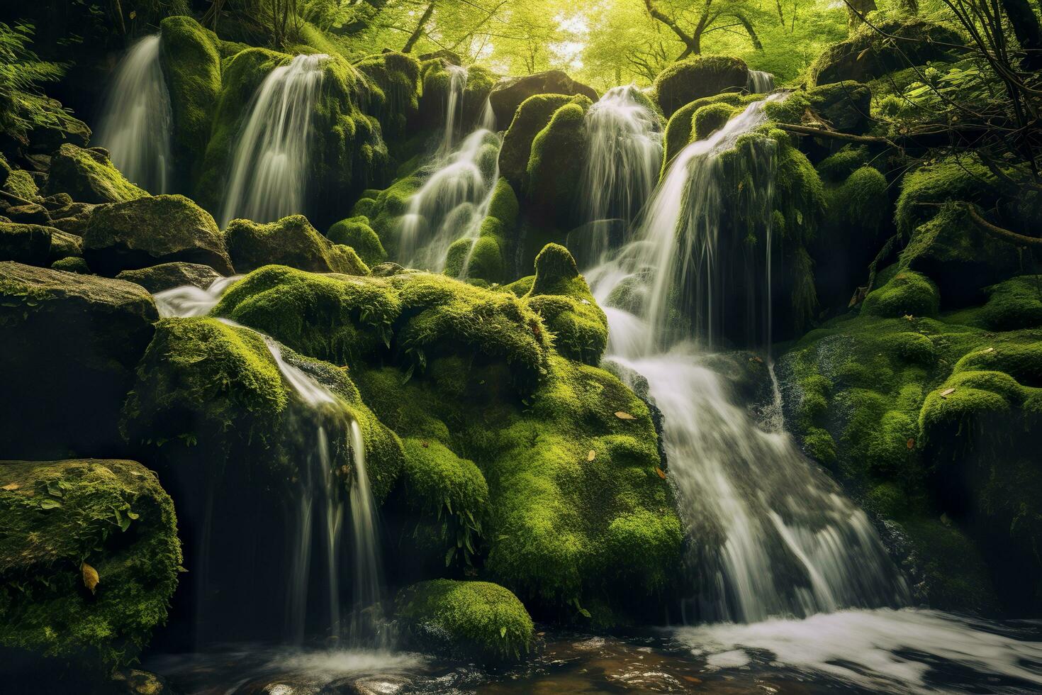 AI generated Waterfall landscape with rocks covered in green moss. AI Generated photo
