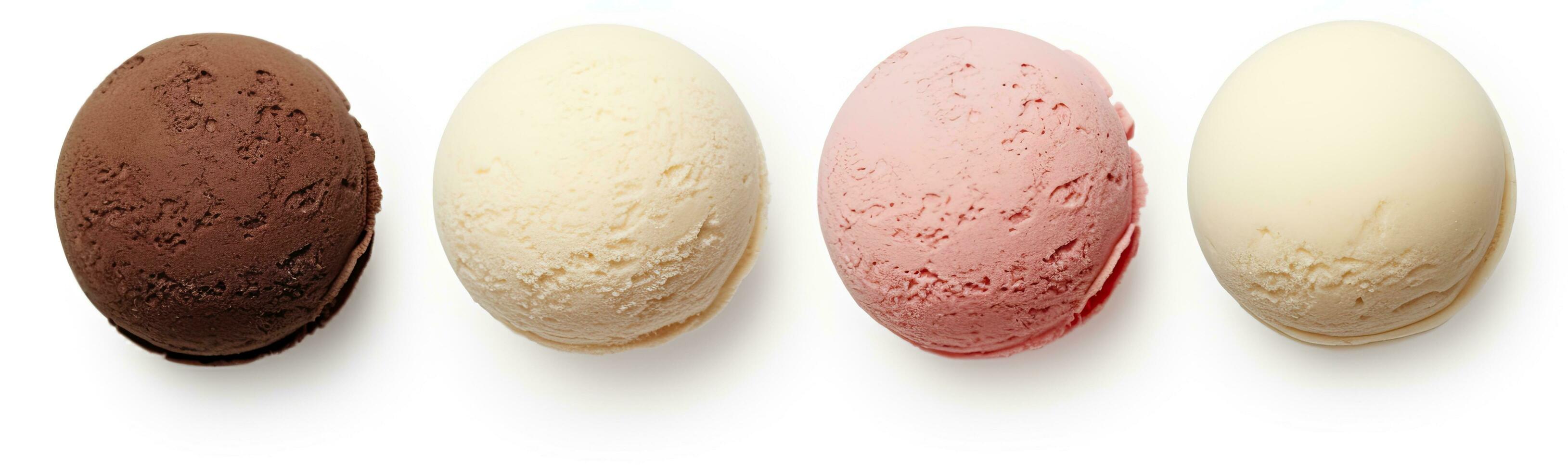 AI generated Set of four various ice cream balls or scoops isolated on white background. AI Generated photo