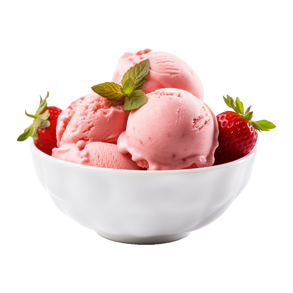 AI generated Strawberry ice cream in a bowl isolated on transparent background png