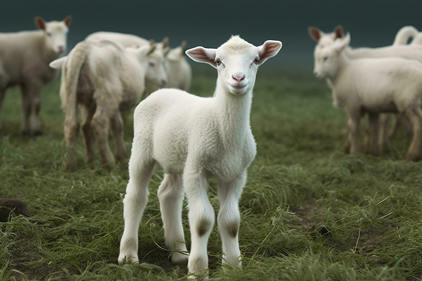 ai generado blanco Cordero en un campo en frente de otro animales generativo ai foto