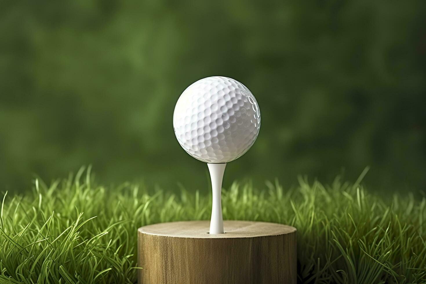 AI generated White golf ball on wooden tee with grass. Generative AI photo