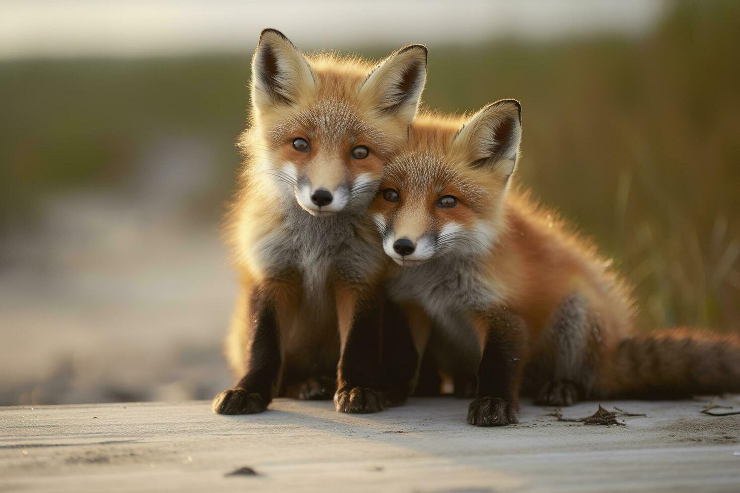AI generated Wild baby red foxes cuddling at the beach. Generative AI photo