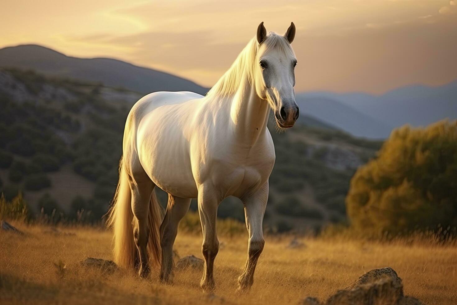 ai generado blanco caballo o yegua en el montañas a puesta de sol. ai generado foto