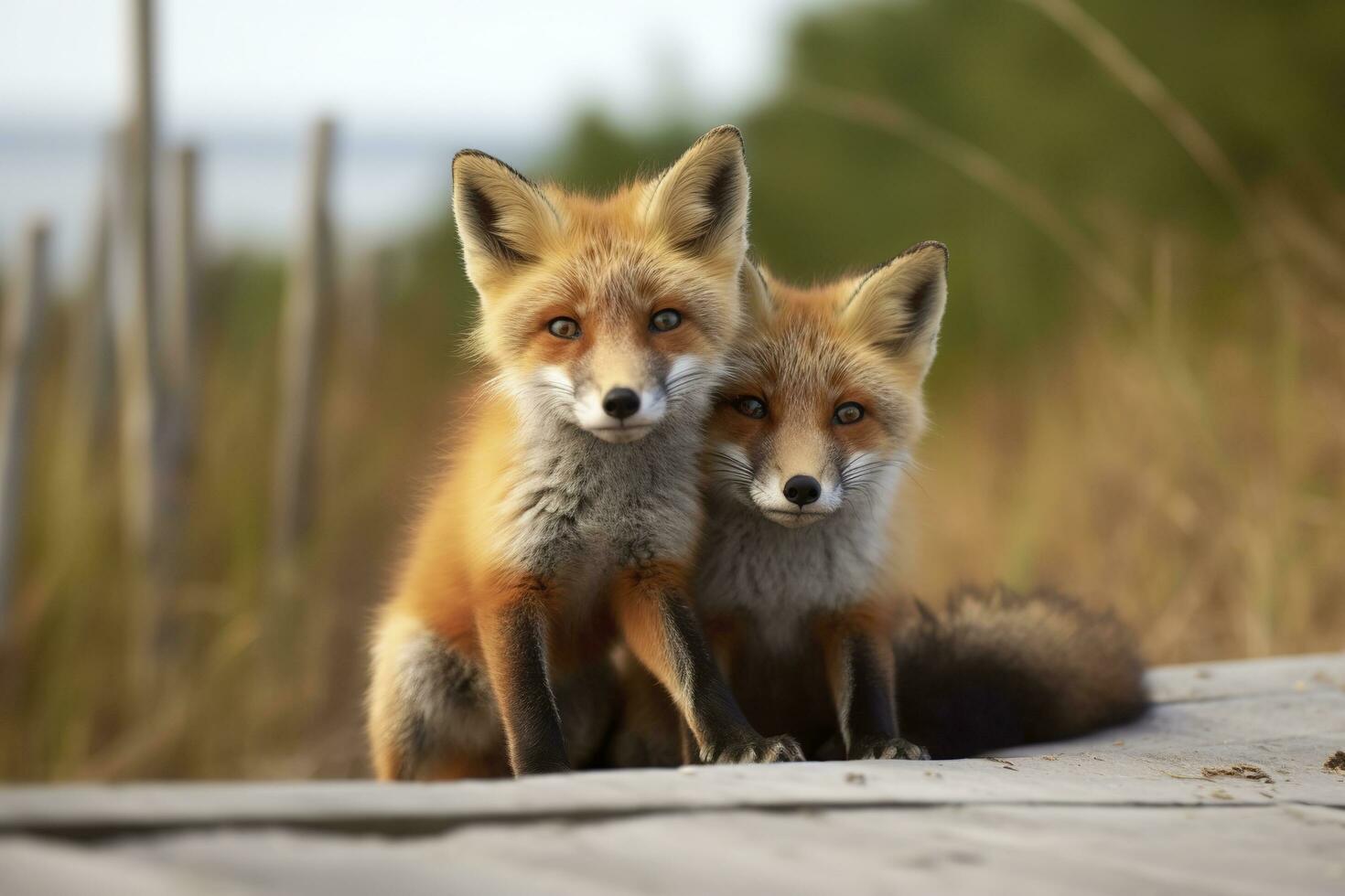 AI generated Wild baby red foxes cuddling at the beach. Generative AI photo
