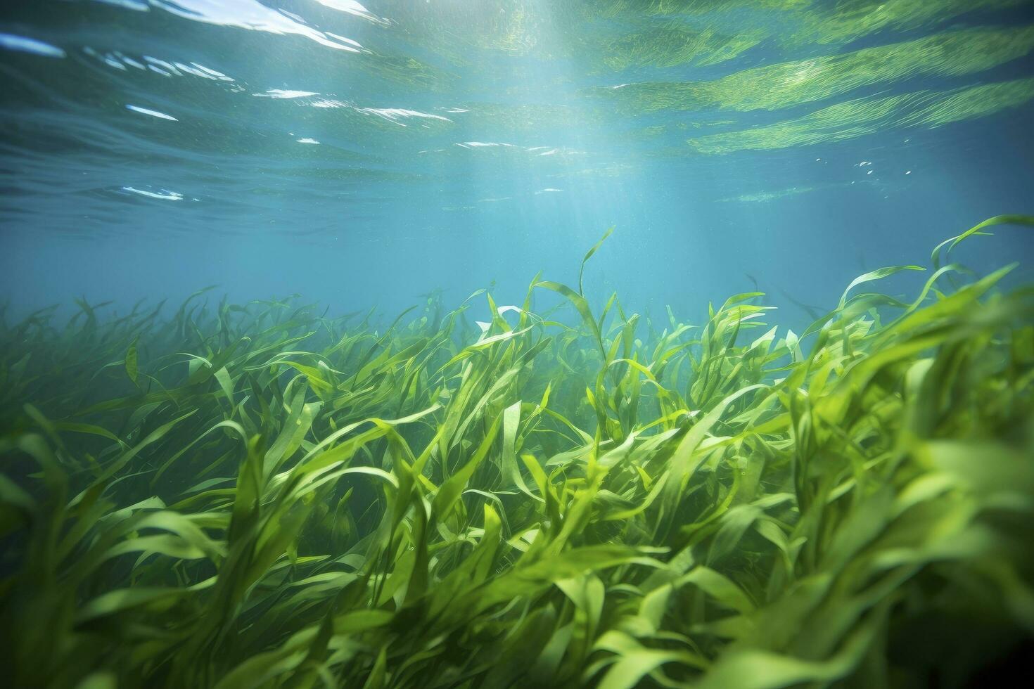 AI generated Underwater view of a group of seabed with green seagrass. AI Generated photo