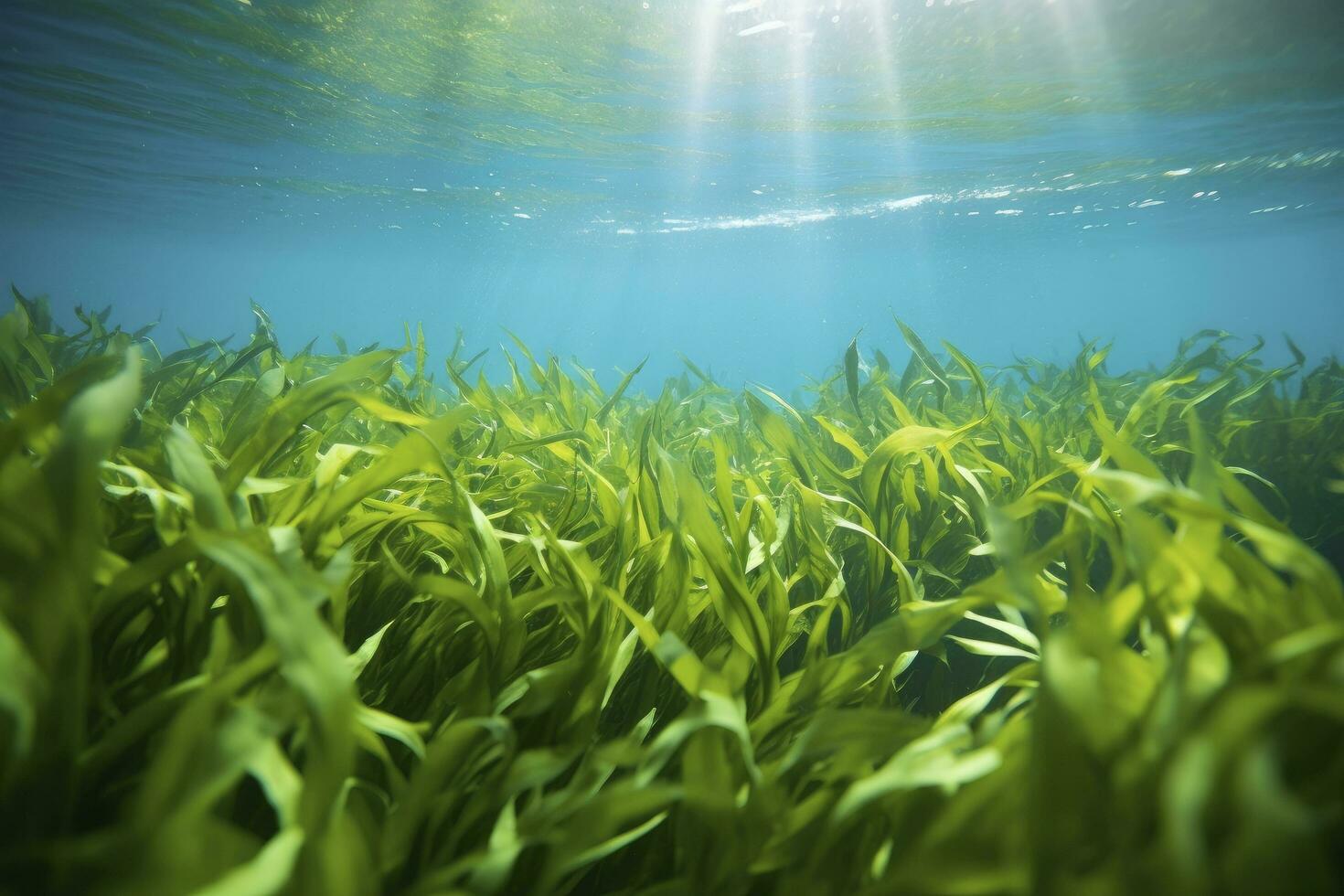 AI generated Underwater view of a group of seabed with green seagrass. AI Generated photo