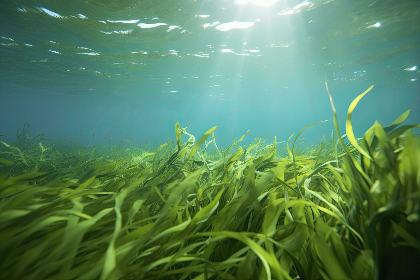 AI generated Underwater view of a group of seabed with green seagrass. AI Generated photo