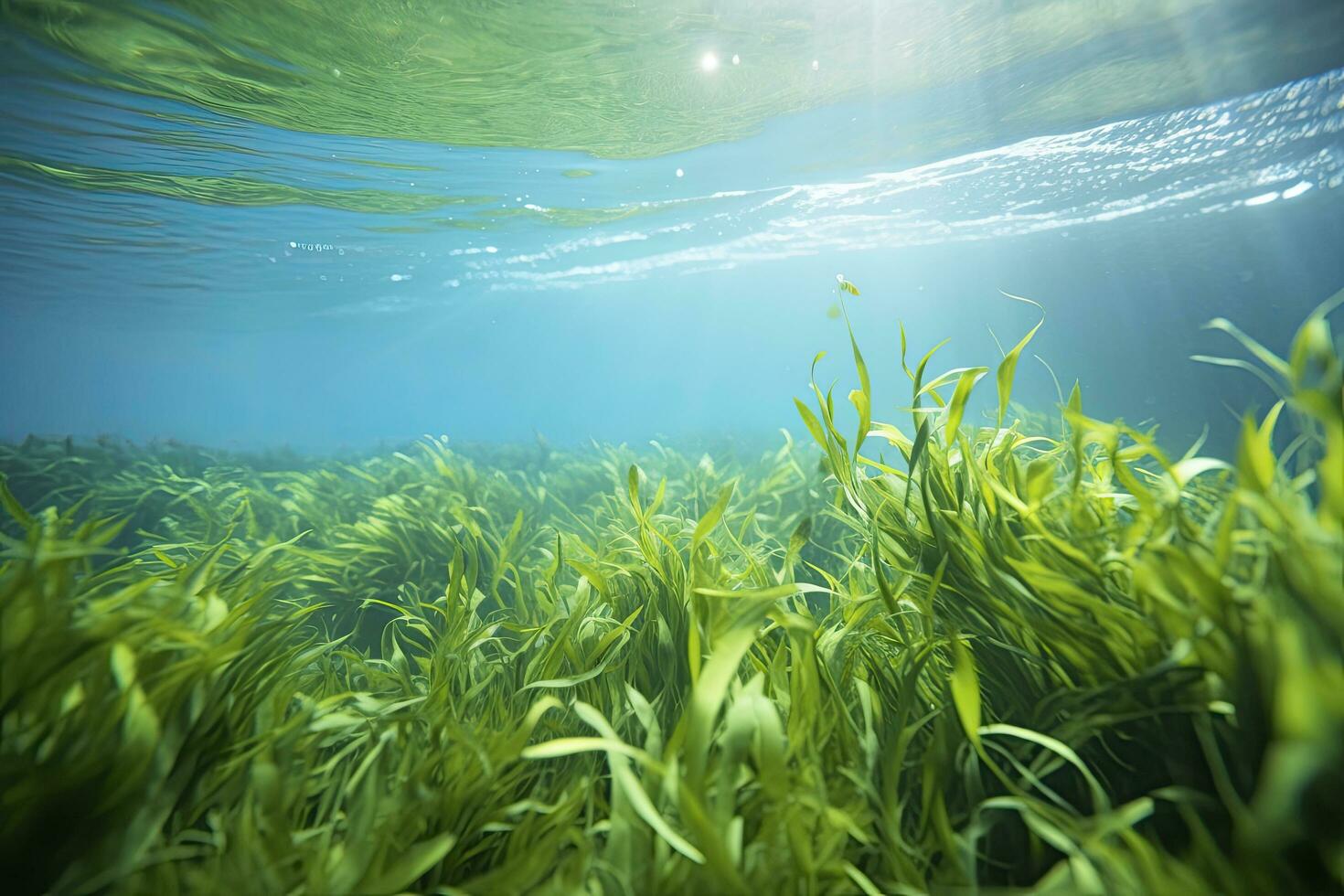 AI generated Underwater view of a group of seabed with green seagrass. AI Generated photo