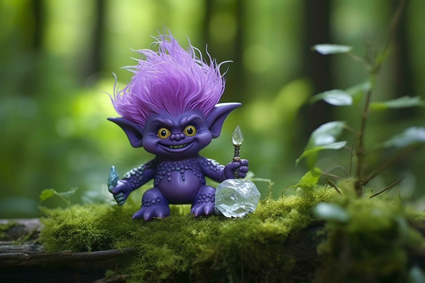 AI generated Tale troll with crystals in the forest, natural green background. Generative AI photo