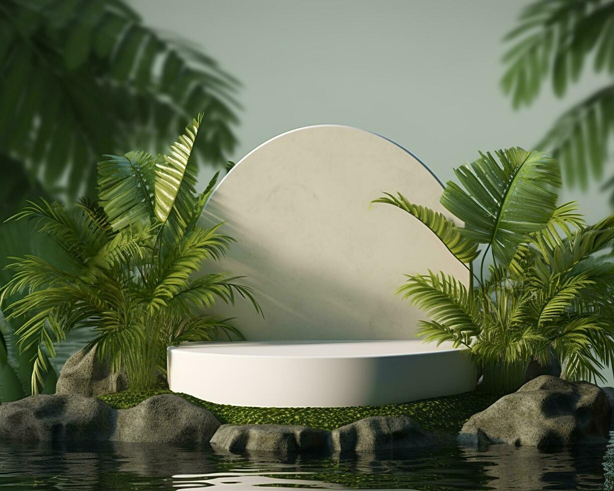 AI generated Stone product display podium for cosmetic product with green nature garden background. Generative AI photo
