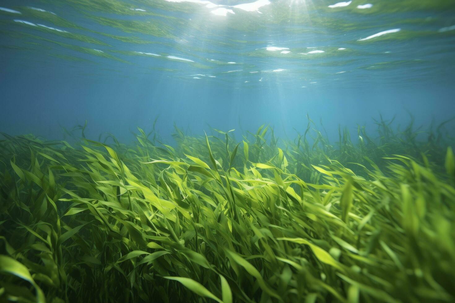 AI generated Underwater view of a group of seabed with green seagrass. AI Generated photo