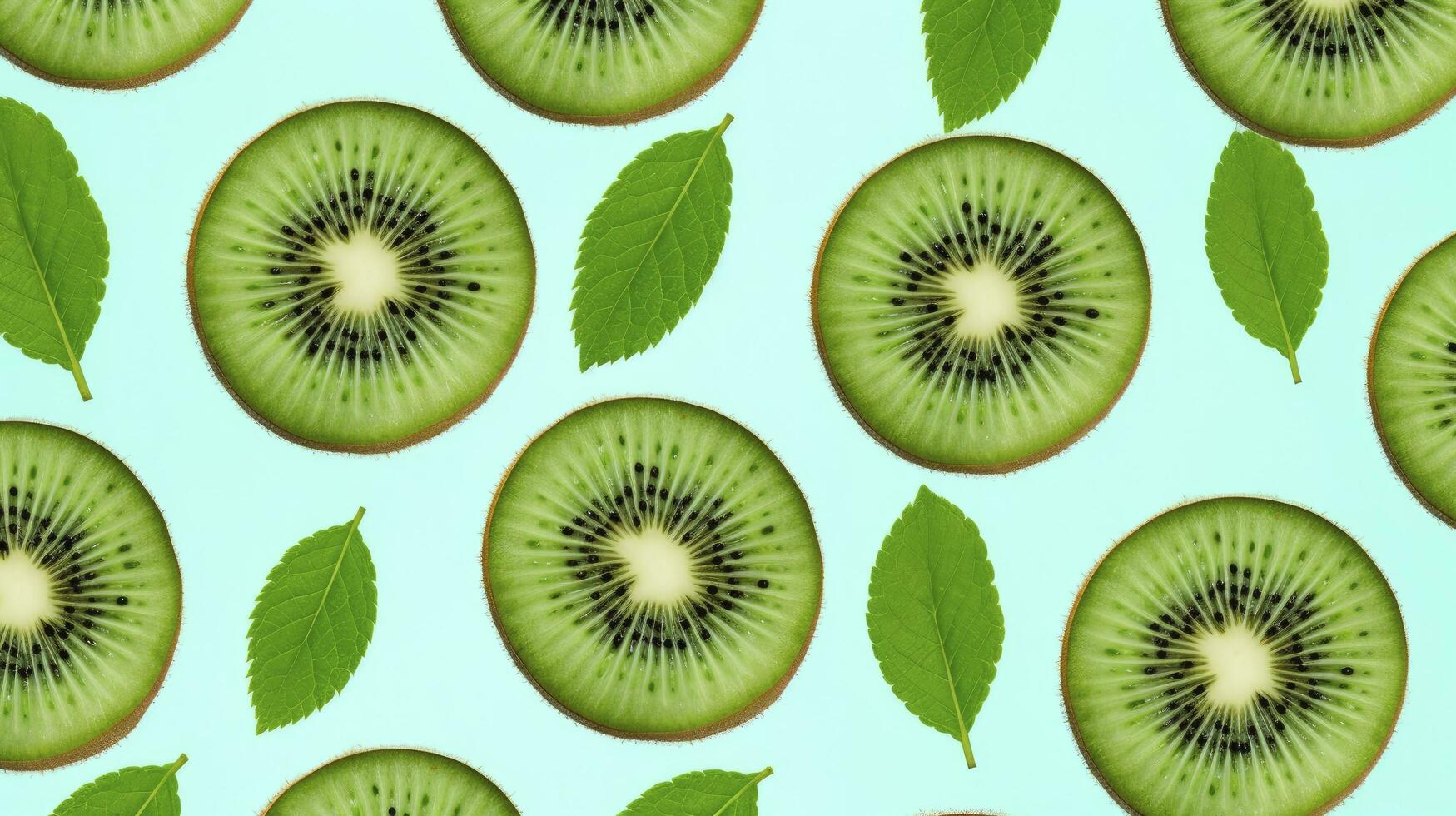 ai generado rebanadas de kiwi Fruta y verde menta hojas en un ligero pastel azul antecedentes. ai generado foto