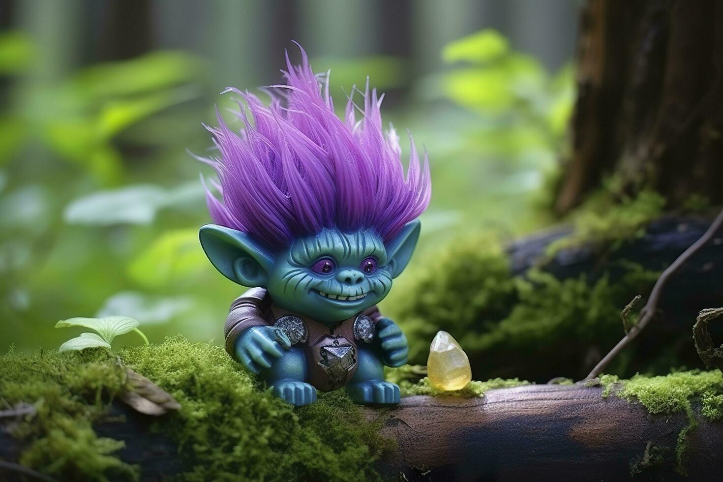 AI generated Tale troll with crystals in the forest, natural green background. Generative AI photo