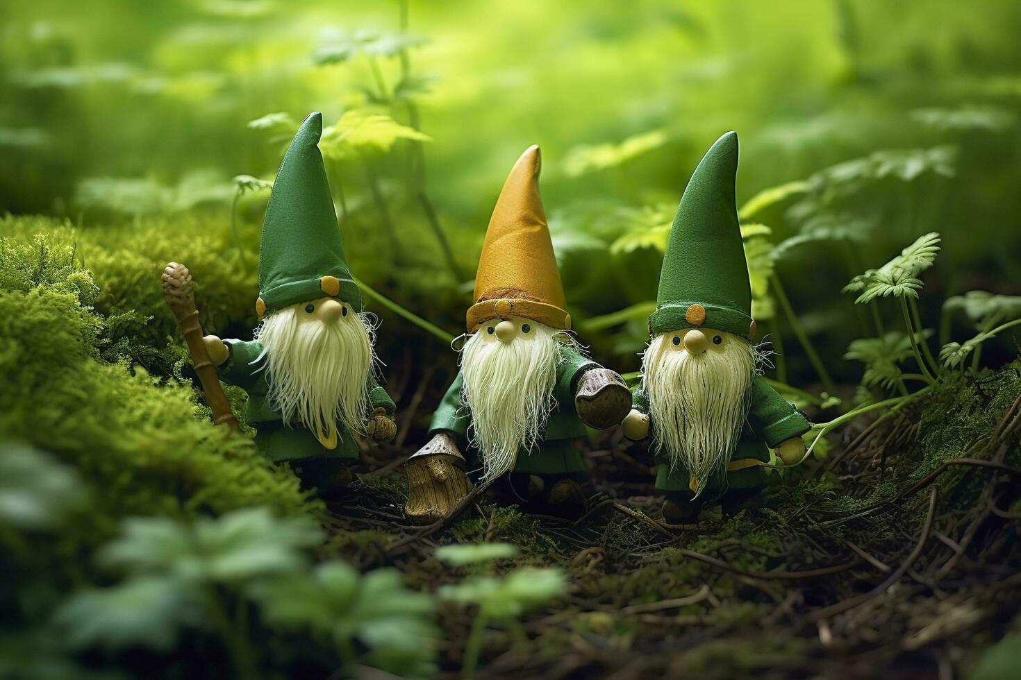 AI generated Toy Irish gnomes in a mystery forest, abstract green natural background. Generative AI photo