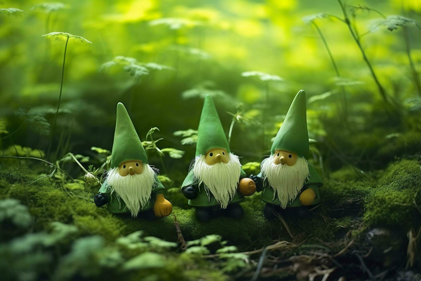 AI generated Toy Irish gnomes in a mystery forest, abstract green natural background. Generative AI photo