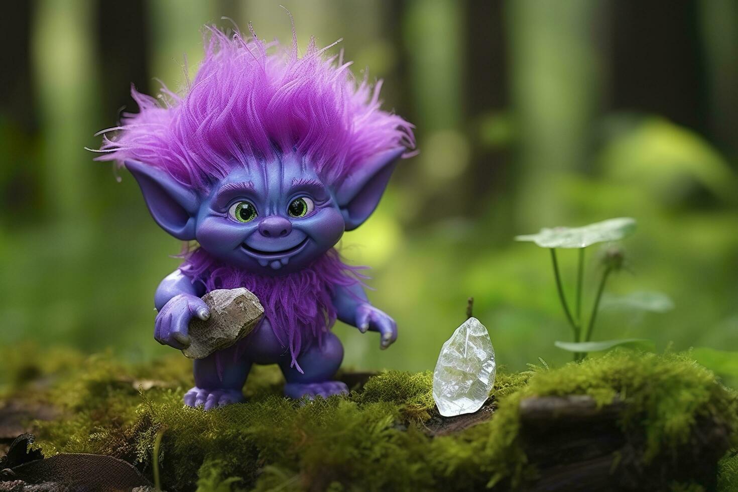 AI generated Tale troll with crystals in the forest, natural green background. Generative AI photo