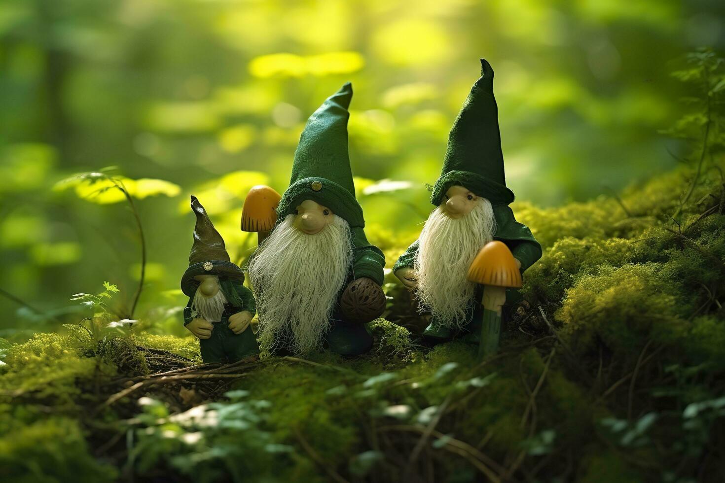 AI generated Toy Irish gnomes in a mystery forest, abstract green natural background. Generative AI photo