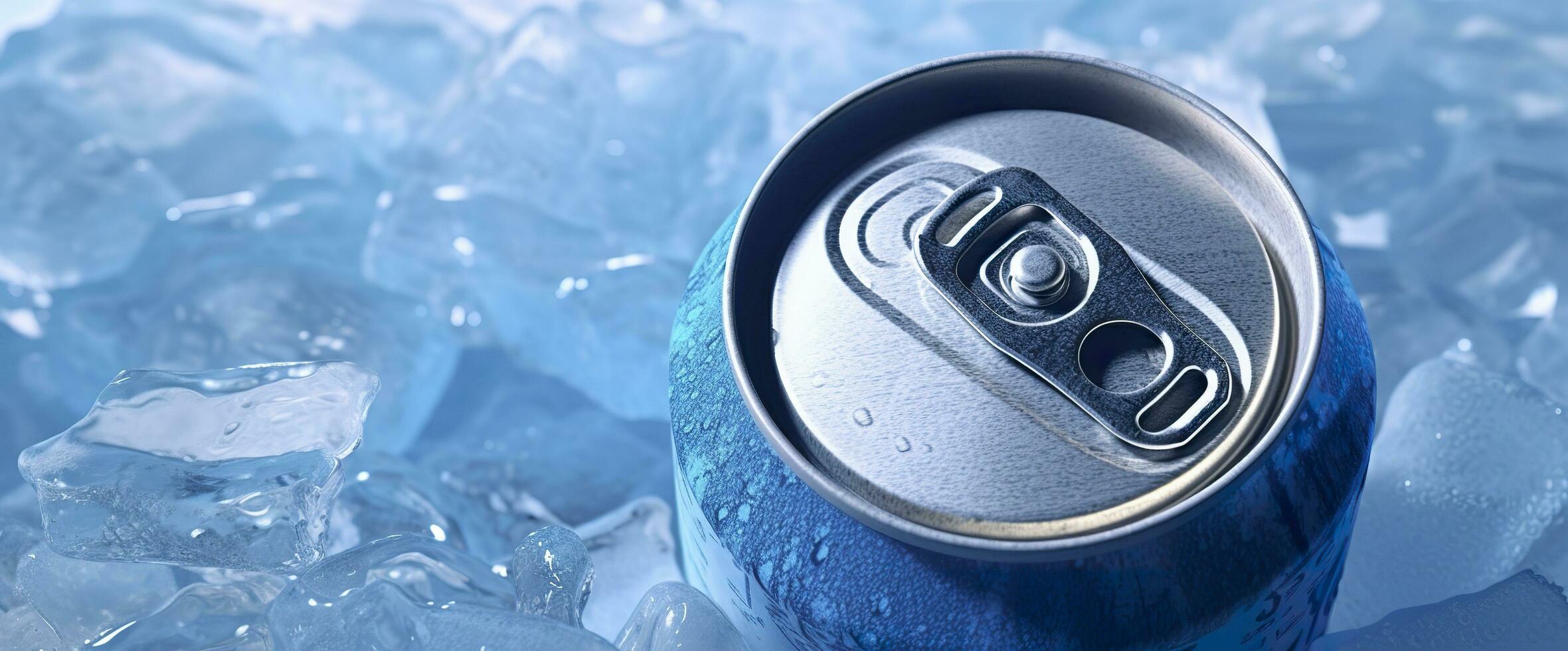 AI generated Top of drink tin can iced submerged in frost ice, metal aluminum beverage. Generative AI photo