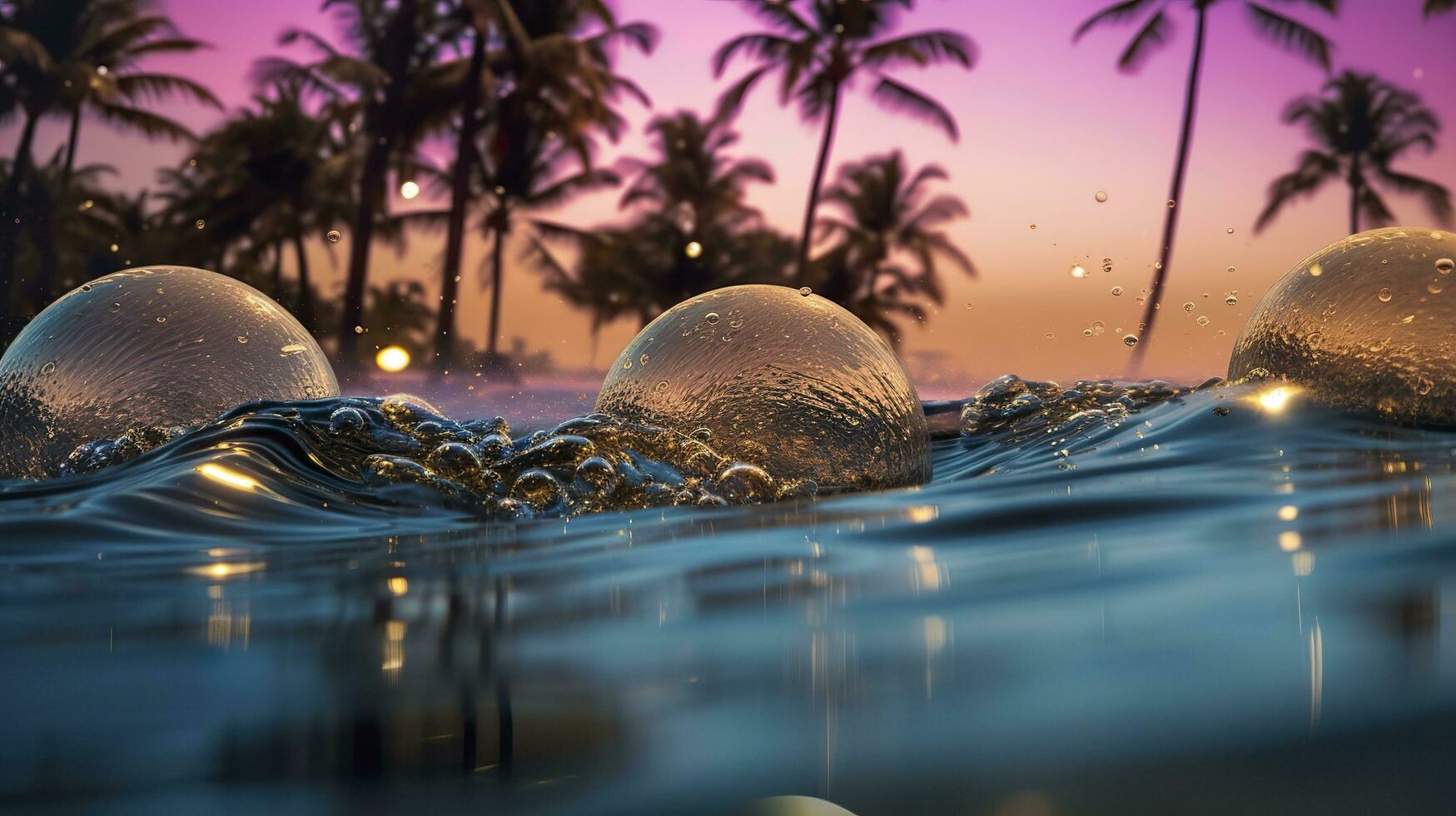 AI generated Beach with waves and coconut trees at sunset. Generative AI photo