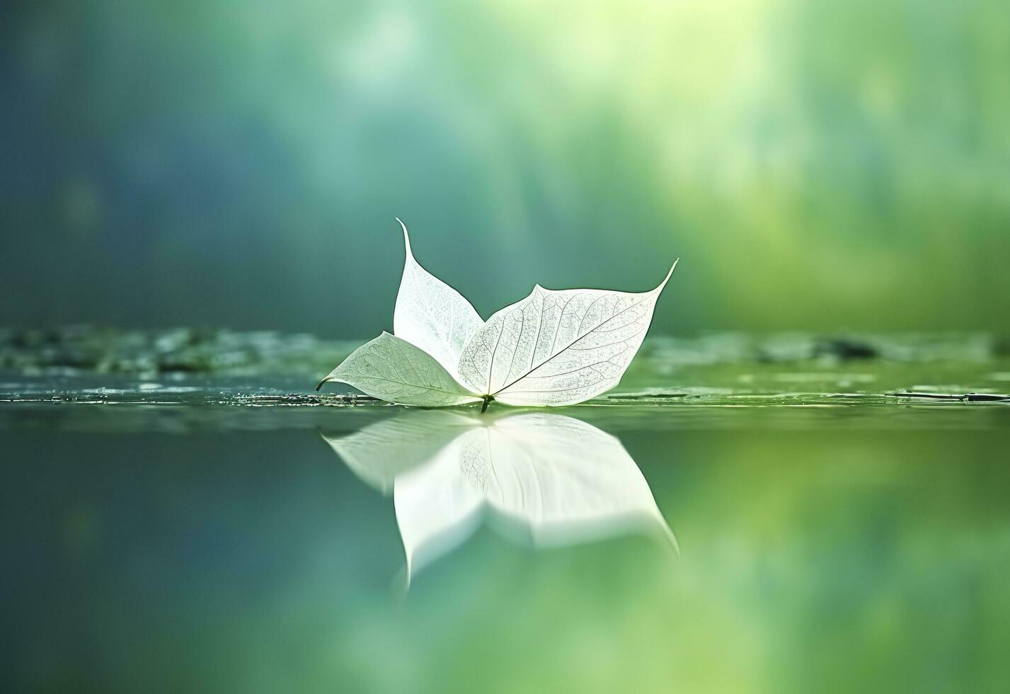 AI generated White transparent leaf on mirror surface with reflection on green background macro. Generative AI photo