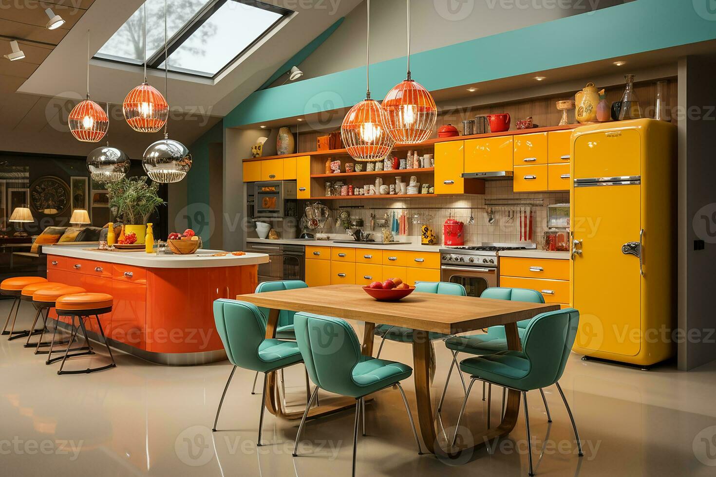 AI generated kitchen midcentury modern design, characterized by clean lines and iconic shapes, bright color from 60s and 70s photo