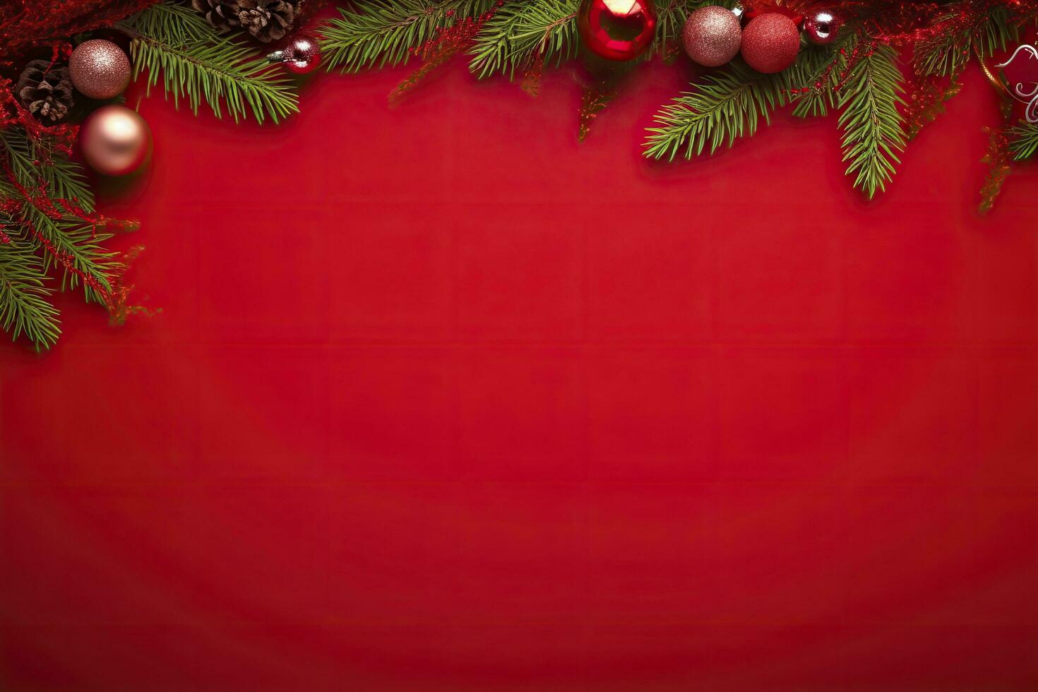 AI generated Christmas or New Year red background with fir decor. AI Generated photo