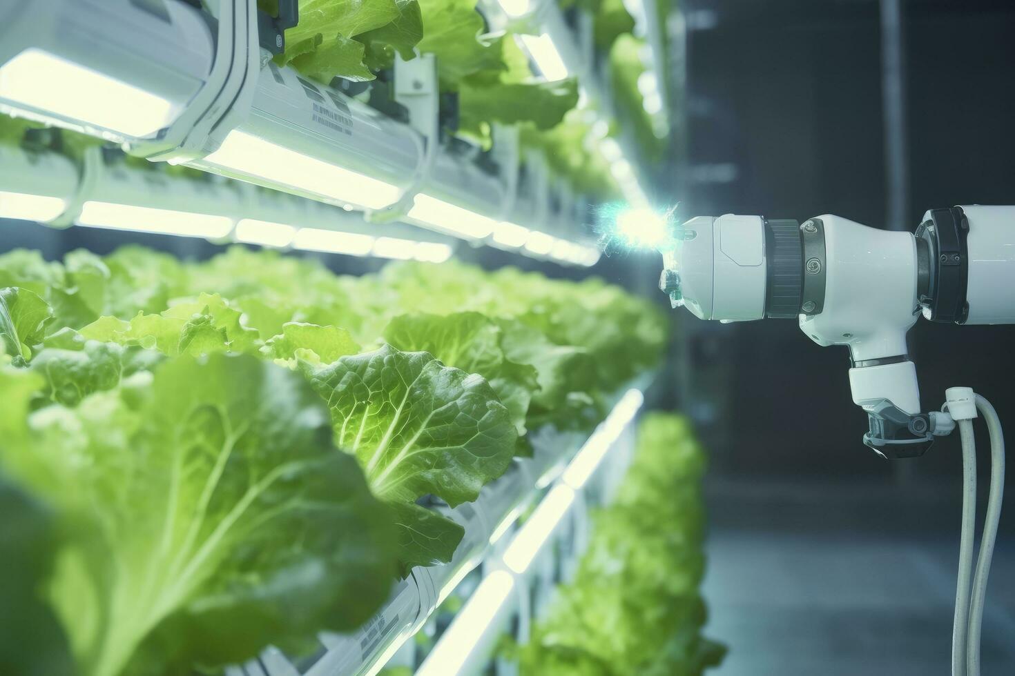 AI generated Automatic Agricultural Technology With Close-up View Of Robotic Arm Harvesting Lettuce In Vertical Hydroponic Plant. AI Generated photo