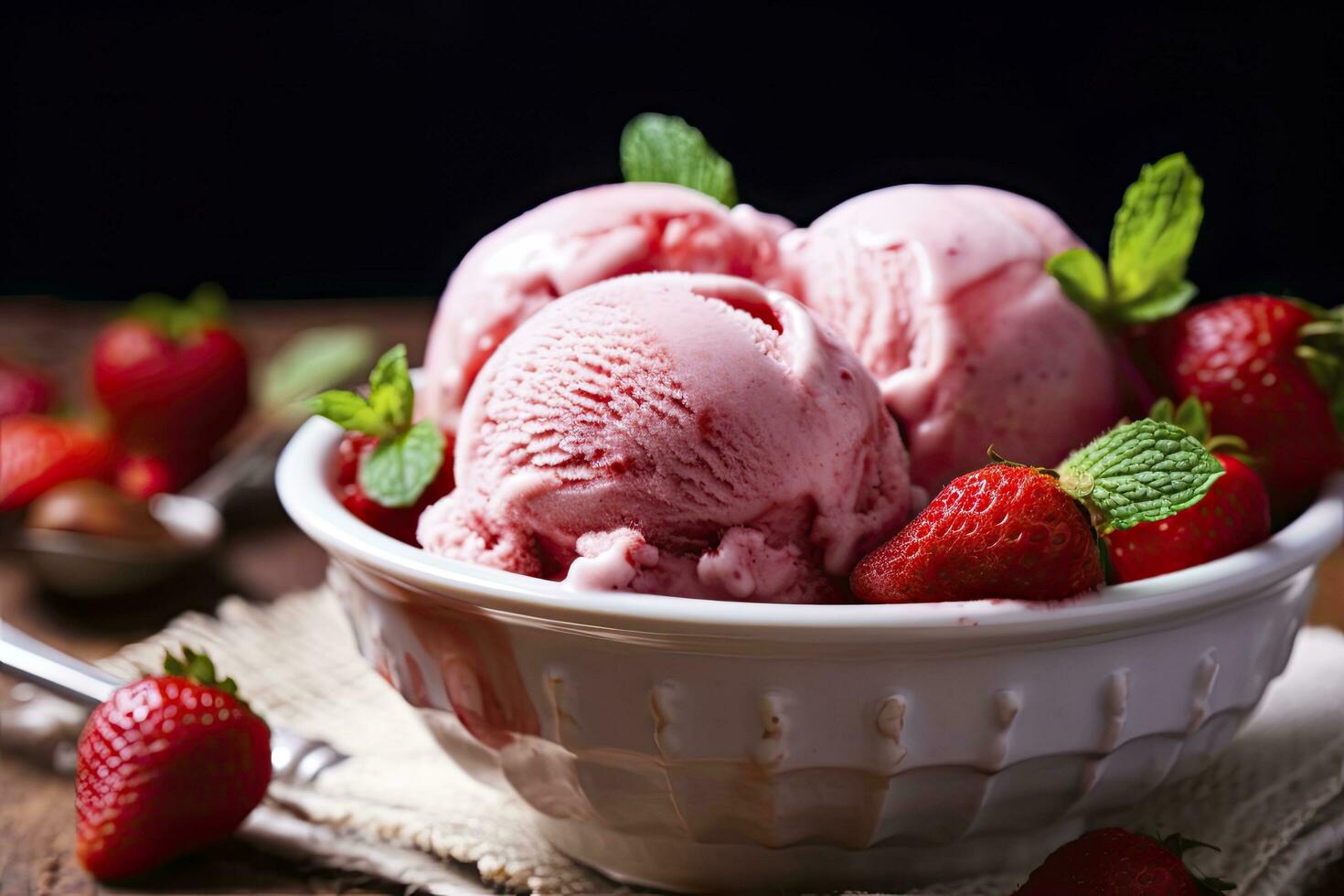 AI generated Strawberry Ice Cream with Fresh Strawberries. AI Generated photo