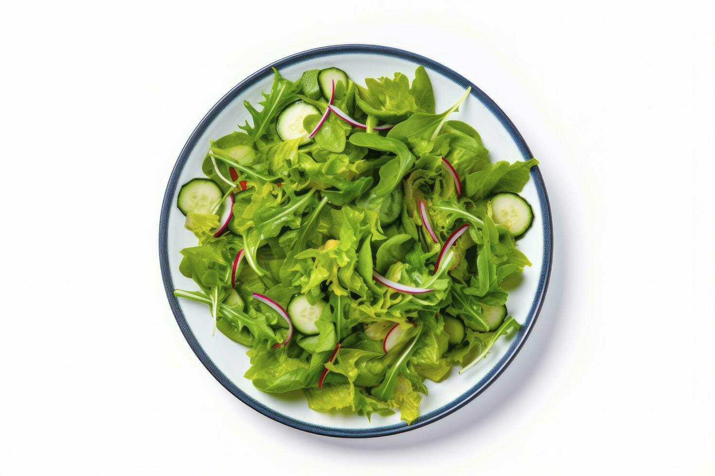 AI generated Healthy fresh green salad plate shot from above on white background. AI Generated photo